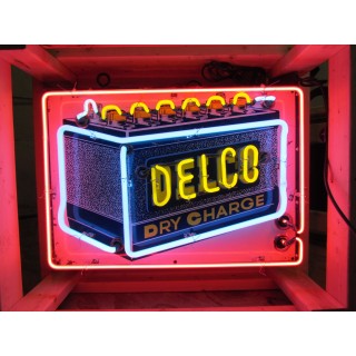 New Delco Batteries "Dry Charge" Porcelain Sign with Neon - 28"W x 20"H 