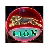 Original Lion Gas Porcelain Sign with Neon 60" Diameter